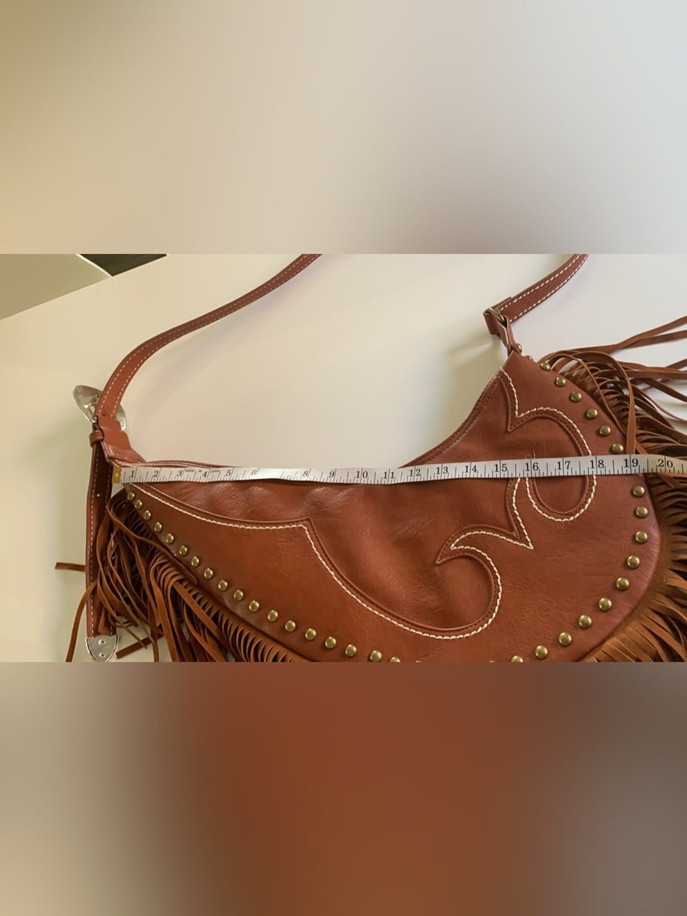 Source Unknown Tan Fringe Hobo Shoulder Bag with Stud Accents - Picture 8 of 9